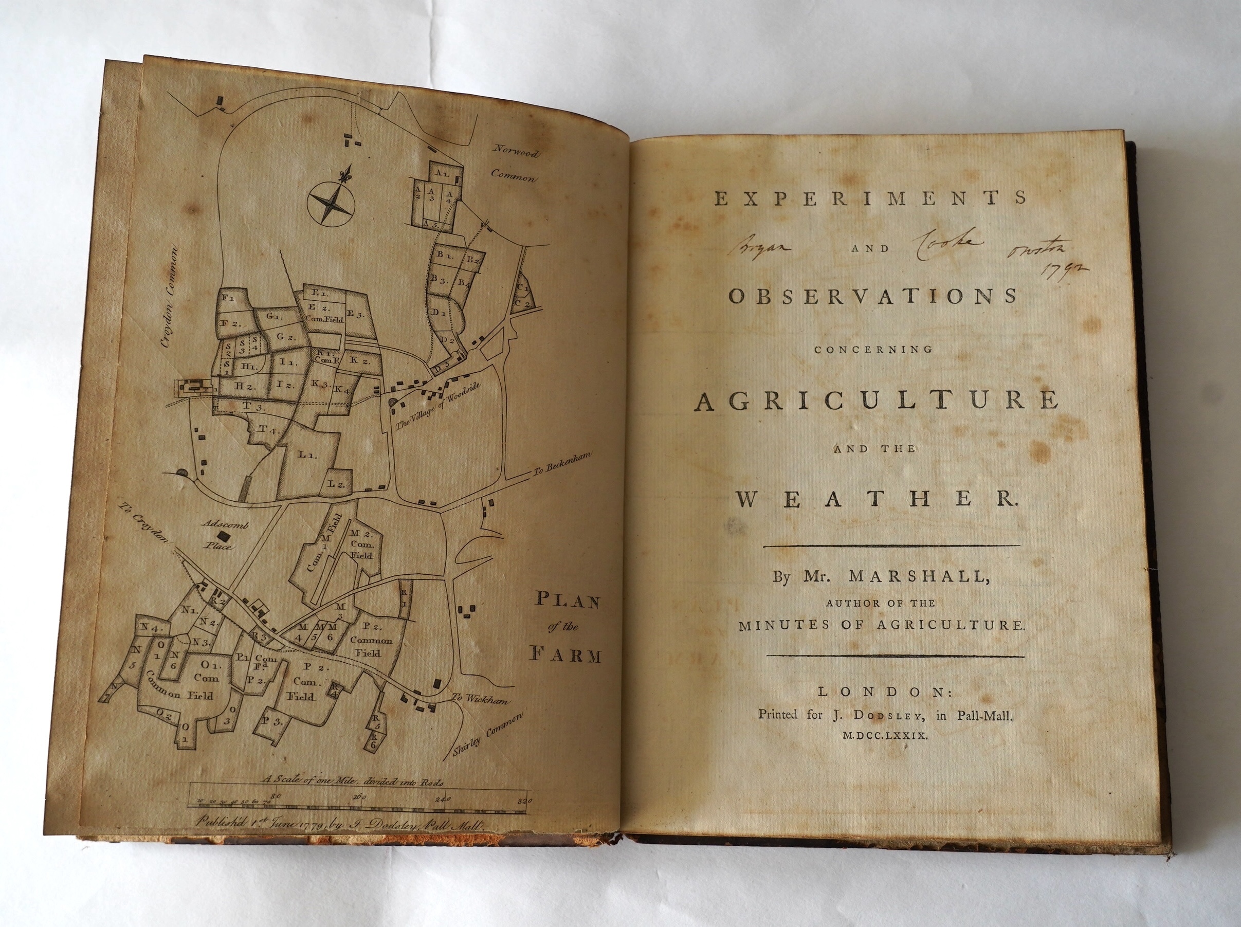 Marshall, William - Experiments and Observations concerning Agriculture and the Weather. a plan and engraved plate; contemp. gilt calf, red and green spine labels, 4to. 1779